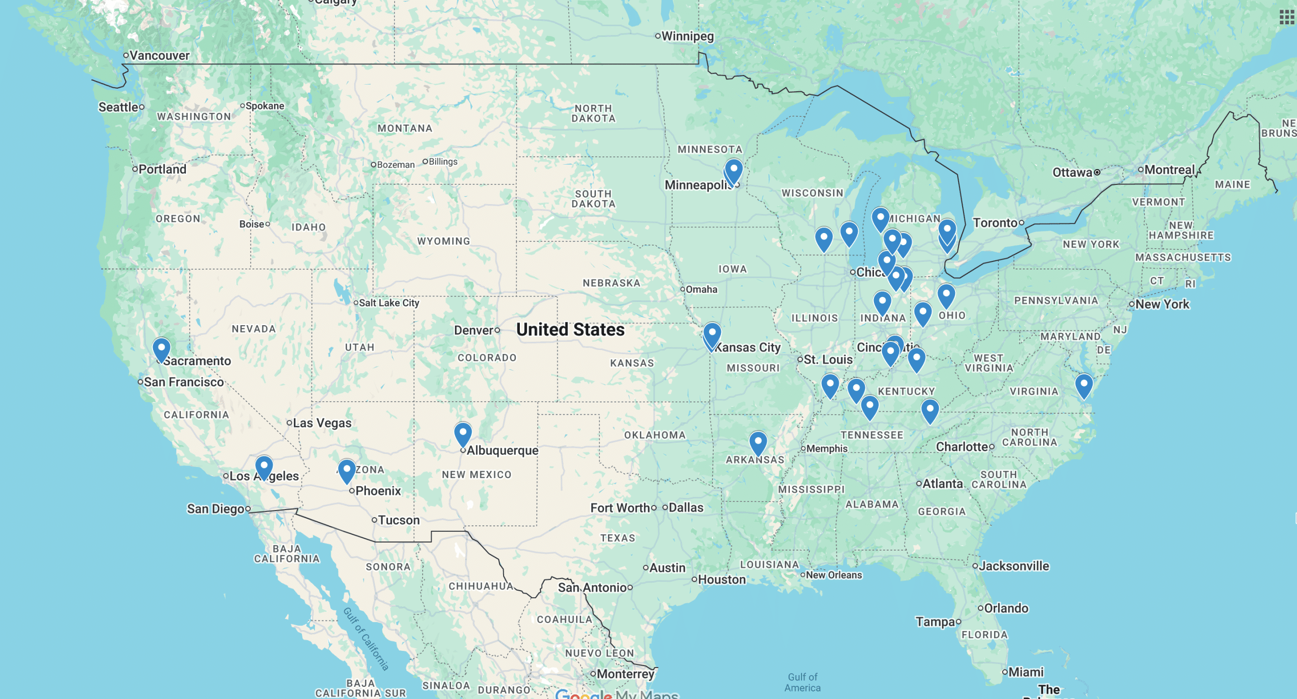 Google Map with pins identifying Ford NGL communities